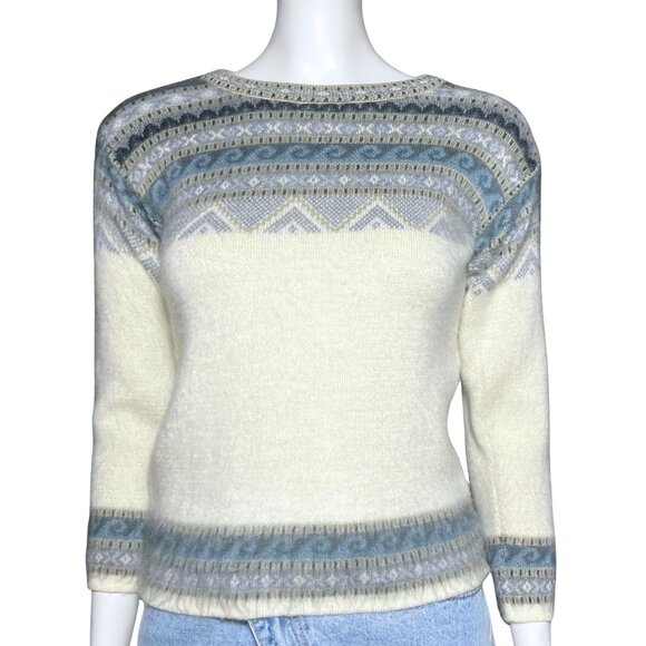 Vintage 80s Aly Marka Off White Blue Ski Sweater Preppy Nordic Scandi Knit XS - Picture 1 of 10